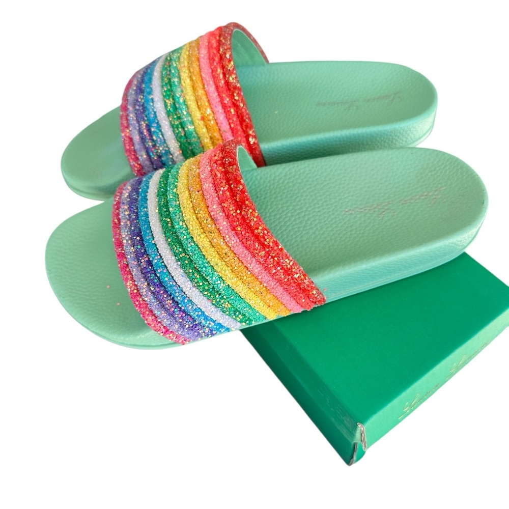 NIB Lauren Lorraine Rainbow Glitter Slides Green Size 7
